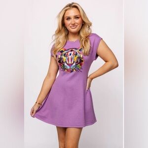 QUEEN OF SPARKLES Lavender Rainbow Tiger  Head Knit Sweater Dress